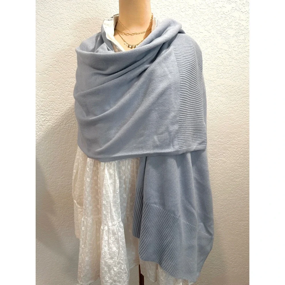 Halogen‎ 100% Cashmere Light Blue Ribbed Trim Wrap Scarf Shawl OS